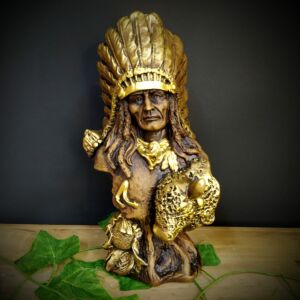 IMAGEM EM GESSO BUSTO CABOCLO COM BOI ENVELHECIDO 25CM