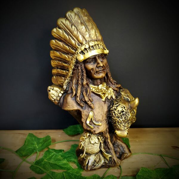 IMAGEM EM GESSO BUSTO CABOCLO COM BOI ENVELHECIDO 25CM - Image 2