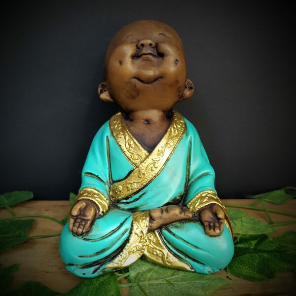 BUDA SORRIDENTE SENTADO ENVELHECIDO COM TURQUESA 19CM