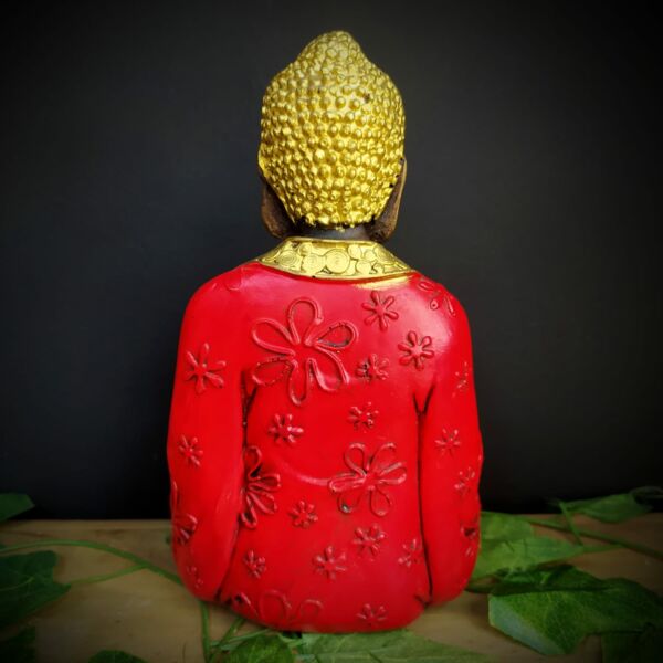 BUDA MÃOS POSTAS SENTADO ENVELHECIDO COM VERMELHO 22CM - Imagem 3