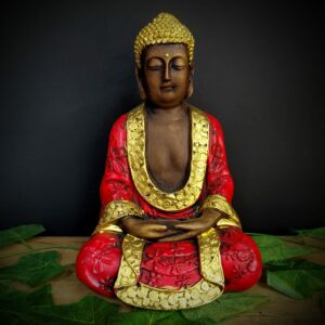 BUDA MÃOS POSTAS SENTADO ENVELHECIDO COM VERMELHO 22CM