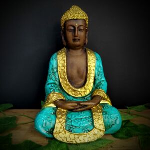 BUDA MÃOS POSTAS SENTADO ENVELHECIDO COM TURQUESA 22CM