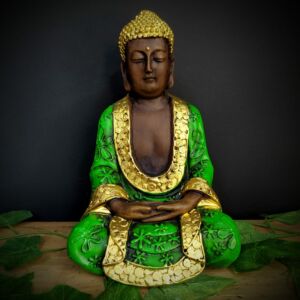 BUDA MÃOS POSTAS SENTADO ENVELHECIDO COM VERDE 22CM