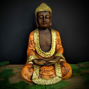 BUDA MÃOS POSTAS SENTADO ENVELHECIDO COM LARANJA 22CM
