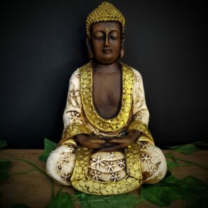 BUDA MÃOS POSTAS SENTADO ENVELHECIDO COM BRANCO 22CM