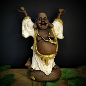 BUDA COM AS MÃOS PRA CIMA ENVELHECIDO COM BRANCO 24CM