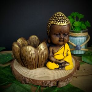 PORTA INCENSO BUDA COM POTINHO FLOR DE LÓTUS ENVELHECIDO COM AMARELO 10CM