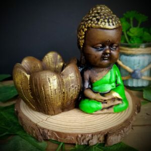 PORTA INCENSO BUDA COM POTINHO FLOR DE LÓTUS ENVELHECIDO COM VERDE 10CM