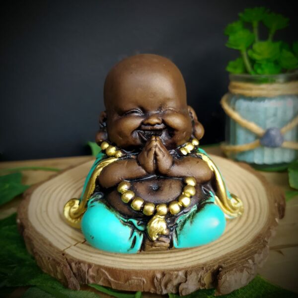 MINI BUDA DA PROSPERIDADE ENVELHECIDO COM TURQUESA 7CM