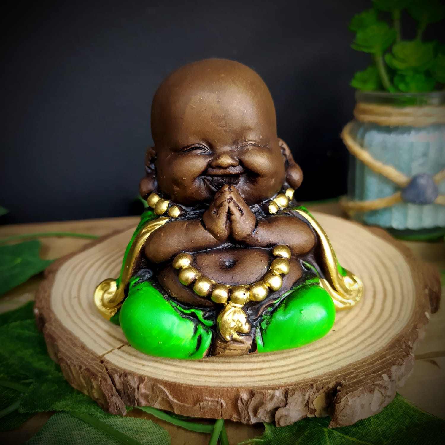 MINI BUDA DA PROSPERIDADE ENVELHECIDO COM VERDE 7CM