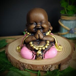 MINI BUDA DA PROSPERIDADE ENVELHECIDO COM ROSA 7CM