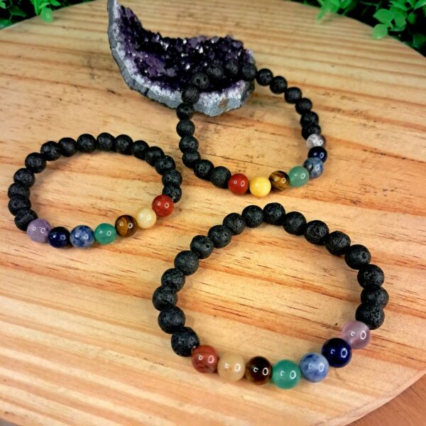 PULSEIRA DE CRISTAL VULCÂNICO E ÁGATAS DOS SETE CHAKRAS CONTAS 8MM - Imagem 2