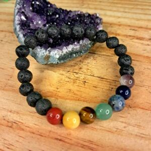 PULSEIRA DE CRISTAL VULCÂNICO E ÁGATAS DOS SETE CHAKRAS CONTAS 8MM