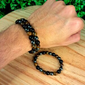 PULSEIRA DE CRISTAIS OLHO DE TIGRE OBSIDIANA NEGRA E HEMATITA CONTAS 8MM