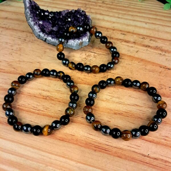 PULSEIRA DE CRISTAIS OLHO DE TIGRE OBSIDIANA NEGRA E HEMATITA CONTAS 8MM - Imagem 2