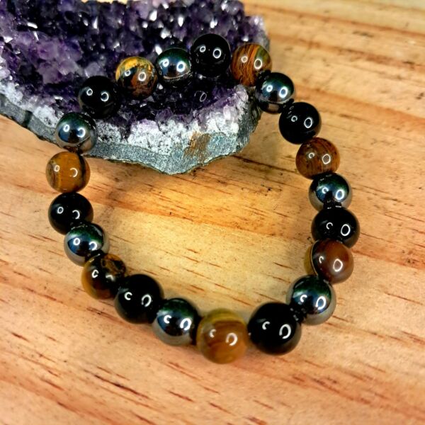 PULSEIRA DE CRISTAIS OLHO DE TIGRE OBSIDIANA NEGRA E HEMATITA CONTAS 8MM - Imagem 3