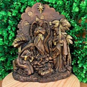 IMAGEM EM GESSO PRESÉPIO SAGRADA FAMÍLIA COM PALMEIRAS 30CM