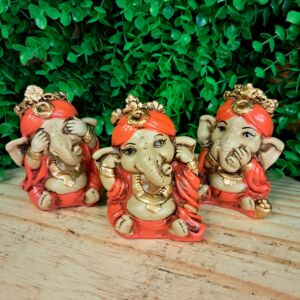 TRIO DE GANESHA DA HARMONIA LARANJA 8CM