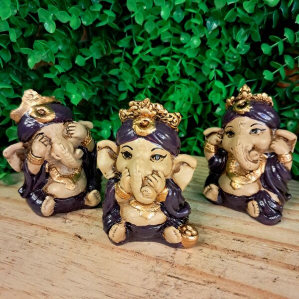 TRIO DE GANESHA DA HARMONIA ROXO 8CM - Imagem 3