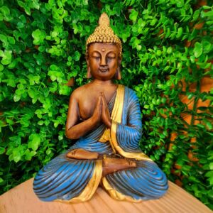 BUDA MEDITANDO PAZ ESPIRITUAL ENVELHECIDO COM AZUL 26CM