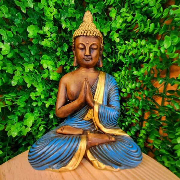 BUDA MEDITANDO PAZ ESPIRITUAL ENVELHECIDO COM AZUL 26CM
