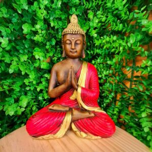 BUDA MEDITANDO PAZ ESPIRITUAL ENVELHECIDO COM VERMELHO 26CM