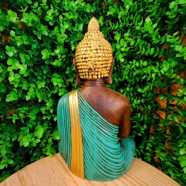 BUDA MEDITANDO PAZ ESPIRITUAL ENVELHECIDO COM AZUL TURQUESA 26CM - Imagem 3