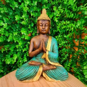 BUDA MEDITANDO PAZ ESPIRITUAL ENVELHECIDO COM AZUL TURQUESA 26CM