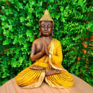 BUDA MEDITANDO PAZ ESPIRITUAL ENVELHECIDO COM AMARELO 26CM