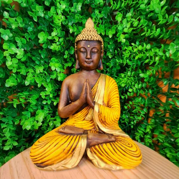 BUDA MEDITANDO PAZ ESPIRITUAL ENVELHECIDO COM AMARELO 26CM