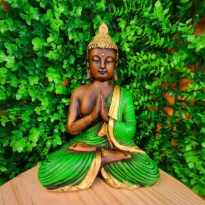 BUDA MEDITANDO PAZ ESPIRITUAL ENVELHECIDO COM VERDE 26CM