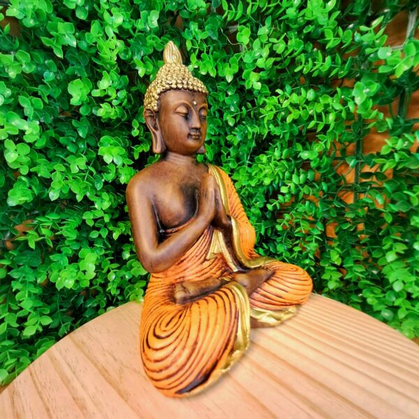 BUDA MEDITANDO PAZ ESPIRITUAL ENVELHECIDO COM LARANJA 26CM - Imagem 2