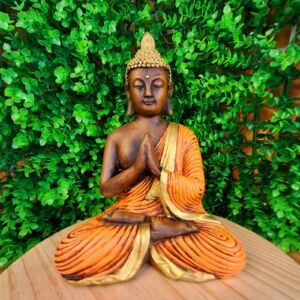 BUDA MEDITANDO PAZ ESPIRITUAL ENVELHECIDO COM LARANJA 26CM