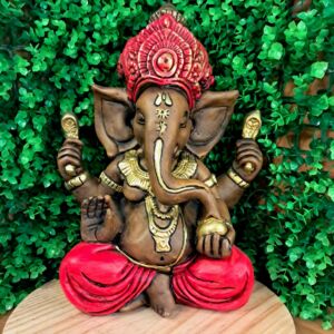 GANESHA SENTADO ENVELHECIDO COM VERMELHO 33CM