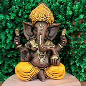 GANESHA SENTADO ENVELHECIDO COM AMARELO 33CM