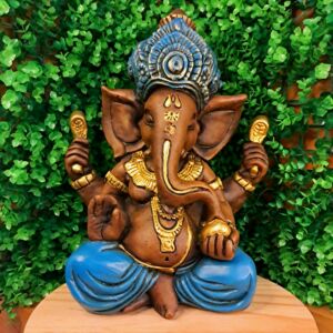 GANESHA SENTADO ENVELHECIDO COM AZUL ESCURO 33CM