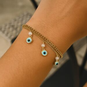 PULSEIRA DE PROTEÇÃO FOLHEADA DOURADA COM OLHO GREGO