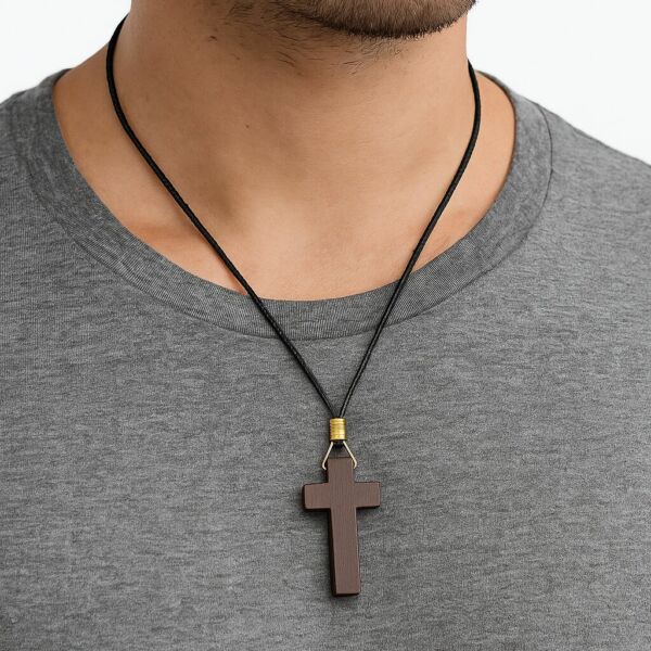COLAR CORDÃO COM CRUCIFIXO DE MADEIRA 4CM