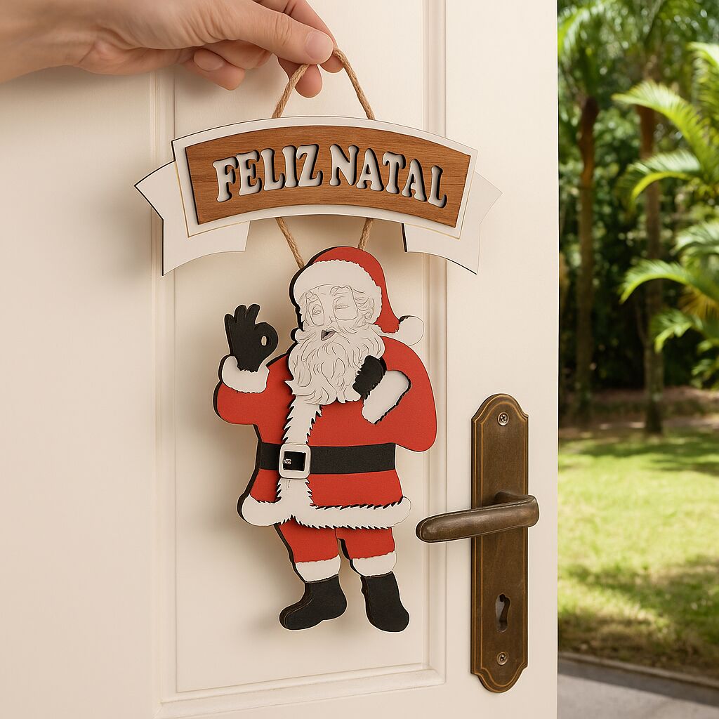 PLACA DECORATIVA ADORNO DE PORTA PAPAI NOEL POSITIVO - FELIZ NATAL - ENFEITE DE NATAL PARA CASA