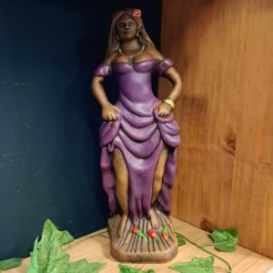 IMAGEM EM GESSO POMBO GIRA VESTIDO ROXO 41CM