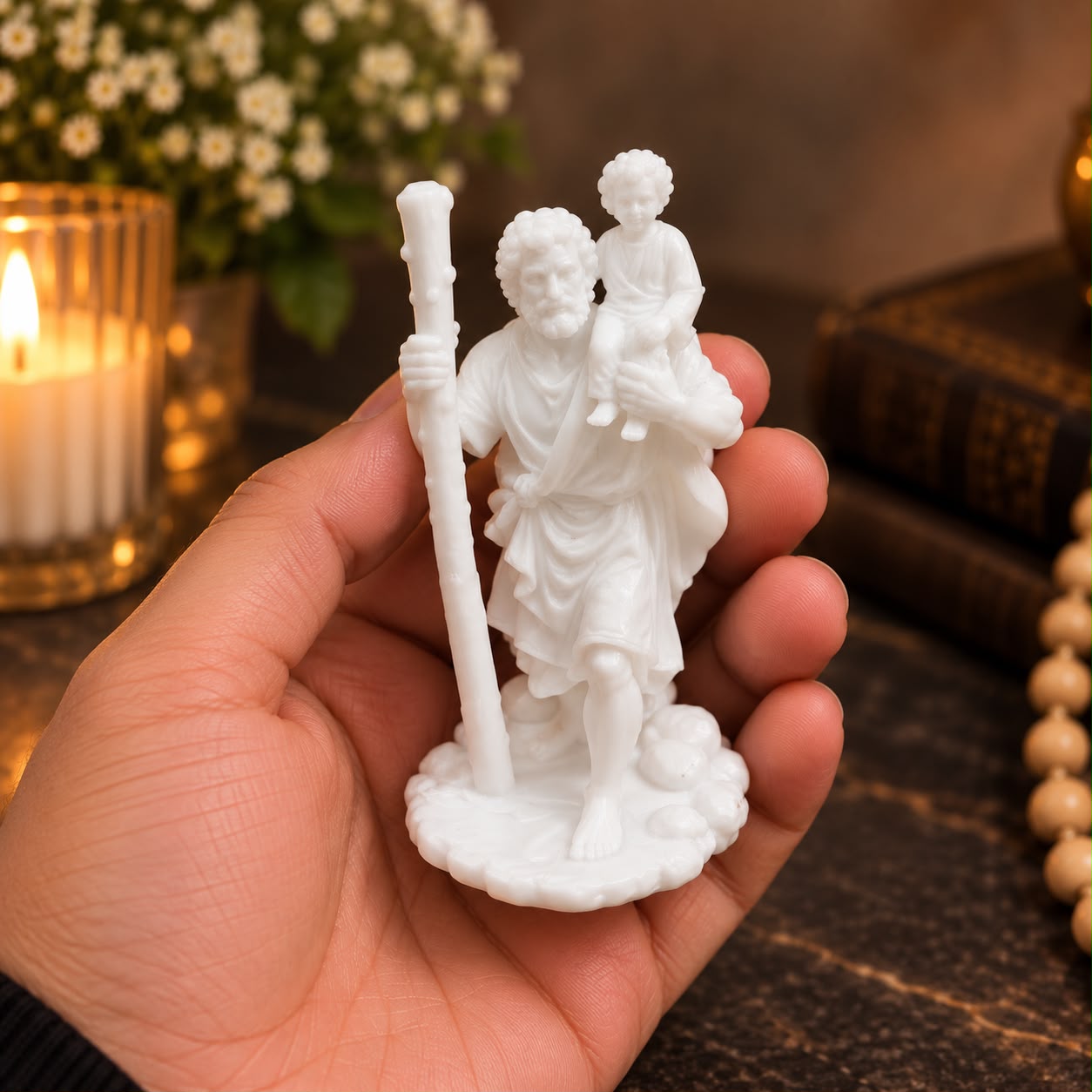 IMAGEM SÃO CRISTOVÃO EM RESINA PREMIUM MINIATURA 7CM BRANCA - Imagem 2